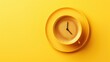 Alarm clock and coffee concept on yellow background. Top view. generative AI 