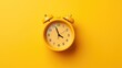 Alarm clock and coffee concept on yellow background. Top view. generative AI 