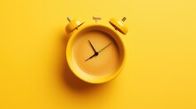 Alarm Clock And Coffee Concept On Yellow Background. Top View. Generative AI 