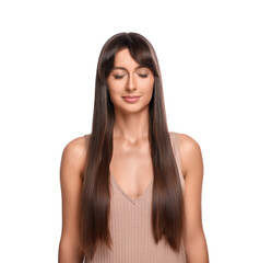 Wall Mural - Hair styling. Beautiful woman with straight long hair on white background