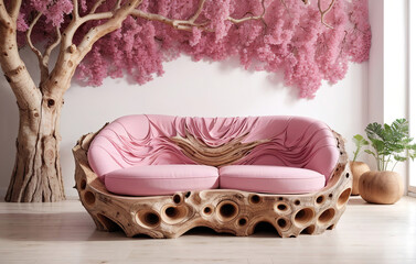 Pink Hand Made Wooden Armchair with Plant and Tree Trunk, Modern Style of Seat Interior Room, using Generative Ai