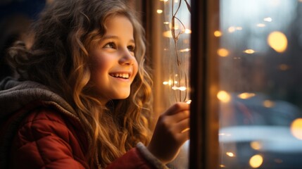 Wall Mural - An enchanting capture of a child gazing out of a window, bathed in the warm, inviting glow of Christmas lights, evoking a sense of cozy wonder and holiday magic.