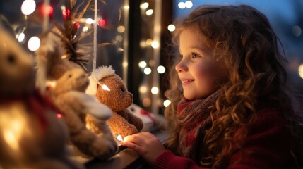 Wall Mural - A charming image, bathed in the warm and gentle illumination of Christmas lights, showcasing a child's enchanting view out the window.