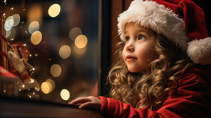 Wall Mural - A tender Christmas scene comes to life in this photograph, where the soft, luminous ambiance of lights frames a child's dreamy gaze out the window.