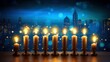 Hanukkah festive celebration concept, glow of the menorah with shining candles and star