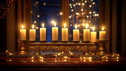 Wall Mural - Hanukkah festive celebration concept, glow of the menorah with shining candles and star