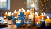Hanukkah Festive Celebration Concept, Glow Of The Menorah With Shining Candles And Star