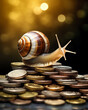 Snail On Top of Pile of Coins - Investment Slow Sales and Low Profits Concept - Generative AI