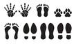 Animal footprints, handprints, footprints of children and adults on a white background. Symbols for use in printing stickers and assembling graphics.