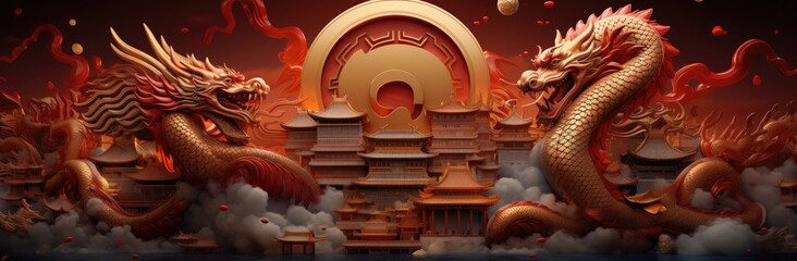 Wall Mural - Golden Chinese dragon statue in the temple background. Religion and culture of Chines New Year 2024 concept.