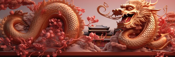 Wall Mural - Golden Chinese dragon statue in the temple background. Religion and culture of Chines New Year 2024 concept.