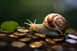 Snail Crawling Slowly Over Coins - Slow Investment Business Growth Concept - Generative AI