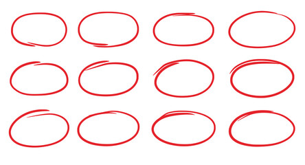 Poster - Hand drawn red oval set. Hand drawn doodle marker, pen stroke line highlight oval frame. Scribble round frame for text highlight. Grunge scratch style set. Vector illustration
