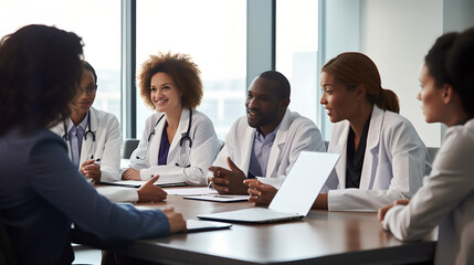 Diverse group of doctor discussing modern treatments and innovation, brainstorming to find a cure for sickness and disease. Teamwork, innovation and doctors collaboration in meeting in conference room