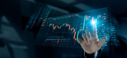 Leinwandbilder - Investment stock market, Graph data and stock market trading, Businessman Analysis data strategy with graph accounting marketing or report chart economy investment research profit. Stock chart.