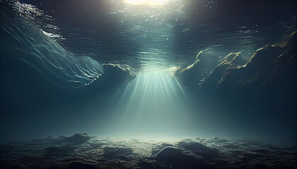 Wall Mural - Fantasy underwater seascape isolated with sunlight, clean and minimalist background, Ai generated image