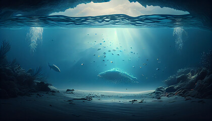 Wall Mural - Fantasy underwater seascape isolated with sunlight, clean and minimalist background, Ai generated image