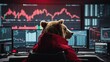 © Maule - a bear dressed in a red suit surrounded by downtrend candlestick charts on monitors. stock market bearish concept