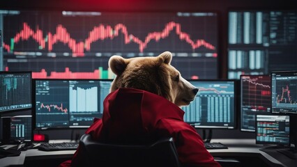 a bear dressed in a red suit surrounded by downtrend candlestick charts on monitors. stock market bearish concept