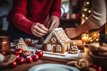 Wall Mural - Couple making Christmas cookies in the kitchen at home. Christmas and New Year concept.