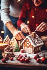 Wall Mural - Couple making Christmas cookies in the kitchen at home. Christmas and New Year concept.