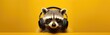 Raccoon wearing headphones on isolated yellow background.