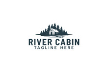 River Cabin Logo With A Combination Of A House, Pines, And River Or Lake Waters.