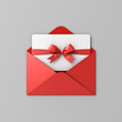 Gift card or gift voucher with red ribbon bow in open red envelope isolated on grey background with shadow minimal concept 3D rendering
