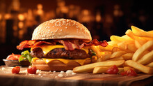 Juicy Bacon Cheeseburger With French Fries On Wooden Table