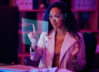 Leinwandbilder - Woman, virtual reality and 3d screen for programming, game developer or software design in neon office at night. Programmer in VR glasses, biometric and press, holographic or futuristic fingerprint