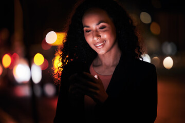 Poster - Phone, city night and professional happy woman typing, search website or texting online business contact. Urban light, smartphone and person research mobile information, application or reading email