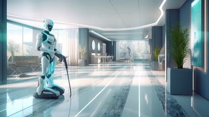 Wall Mural - White robot with blue neon in hospital corridor background.