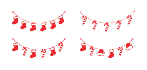 Wall Mural - Set of Christmas and winter holiday decoration garland silhouette. Christmas decoration elements collection. Santa hat, stockings, mistletoe, ornaments, candy cane. Vector Illustration.