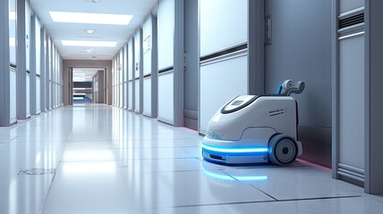 Wall Mural - White robot with blue neon in hospital corridor background.