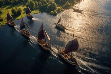 Sailing viking row ships on river. Drakkar, longships. Scandinavian warrior Generative ai