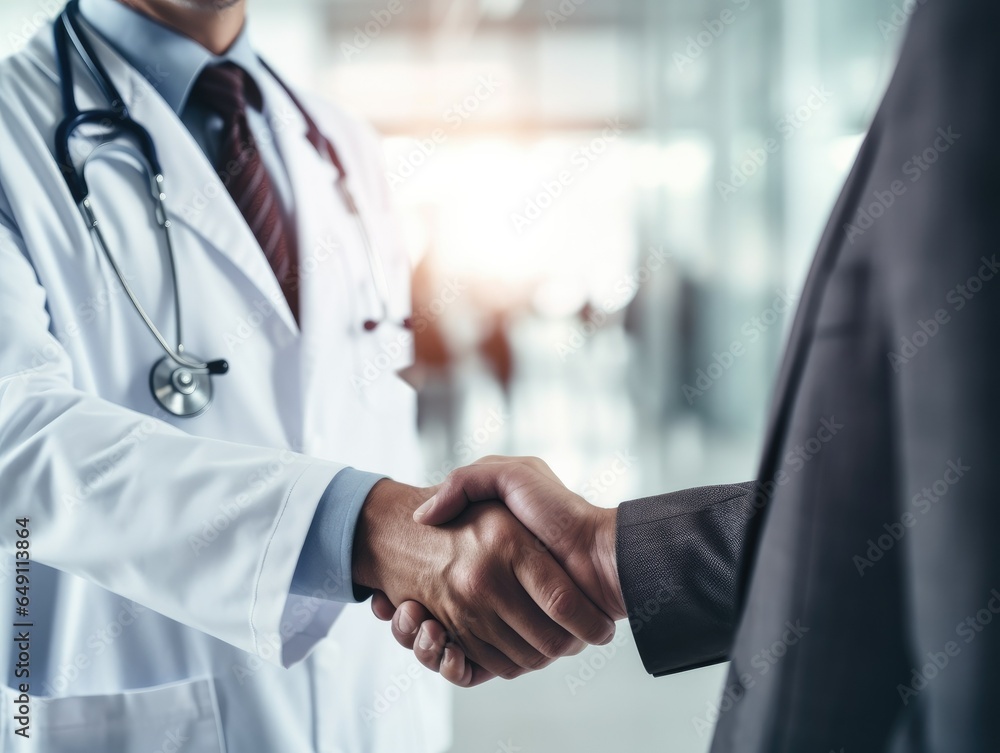 A close - up handshake between a doctor and a patient in a medical ...