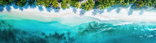 Aerial View Of A Tropical Beach With Palms, White Sand And Crystal Clear Turquoise Ocean Water Washing The Shore