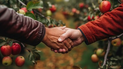 close-up handshake between two farmers in a sun-kissed  during fruit harvest