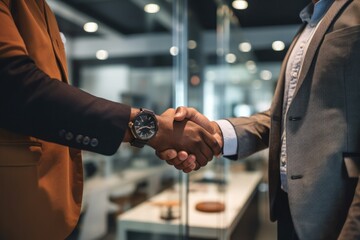 Wall Mural - close-up handshake between an executive and a partner in a corporate office