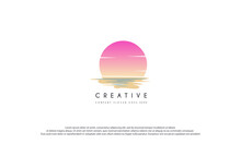 Ocean Wave With Sunset Or Sunrise Logo Design Vector Illustration.