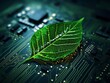 Green leaf on computer circuit board, eco-friendly technology, sustainable computing, environment conservation, generative ai