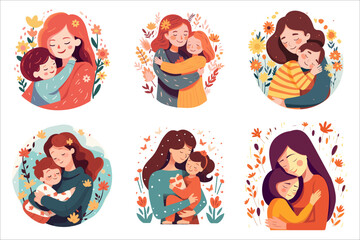 set of mothers hugging their daughters or sons on floral backgrounds, flat style vector illustration