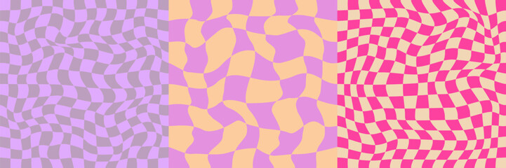 Wall Mural - Pattern Psychedelic checkerboard set. Groovy retro checkered texture. Psychedelic playful background. Retro graphic y2k design. Vector illustration