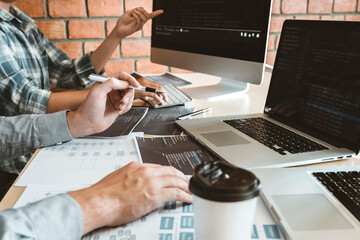 Wall Mural - developing programmer development website design and coding technologies working in software company