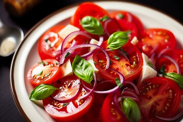 Healthy tomato salad with onion basil olive oil and balsamic vinegar.