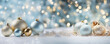 © uv_group - Background with Christmas snowy fir tree and Christmas toys, snow. Winter banner concept with copy space