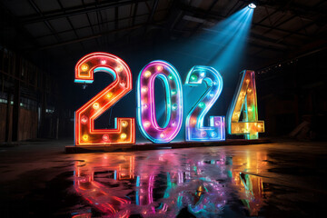 Poster - Number 2024, a flickering red neon sign illuminates a vibrant blue wall, happy new year future is coming. Text copy space layout for greeting card or nice wishes.