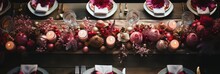 Christmas Table Setting With Xmas Decoration, Top View. Festive Holiday Dinner Banner