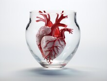Replica Of A Human Heart In A Glass Cup On A White Background, AI Generative