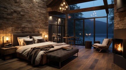 Wall Mural - Photo of a rustic interior design of a modern bedroom Create a wide-angle lens for daylight white light.